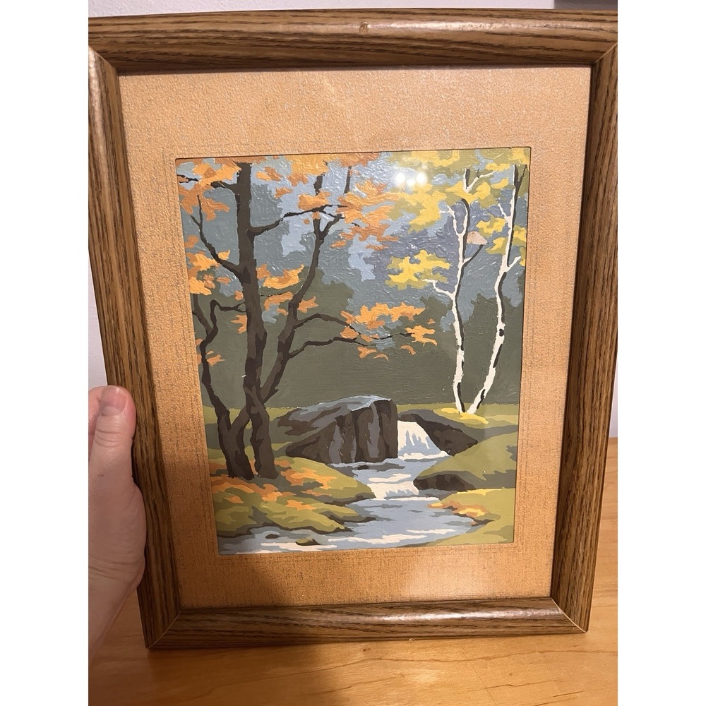 Vintage Paint by Number Autumn Birch Trees Stream Framed Mid Century Kitsch PBN
